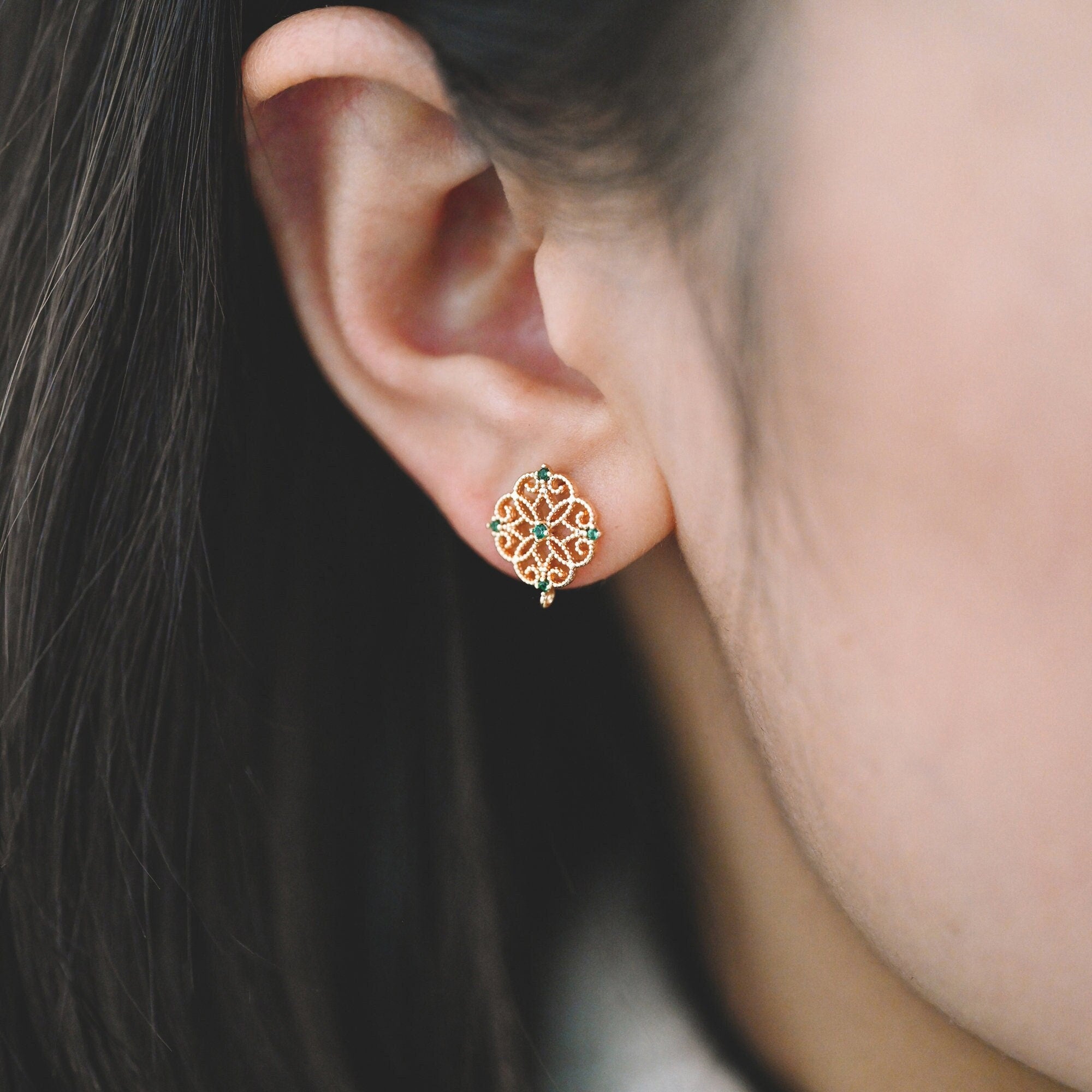 10pcs Emerald CZ Pave Filigree Flower Earring with Loop, 12mm, Real Gold Plated Brass Stud Earrings with Loop (#GB-384)